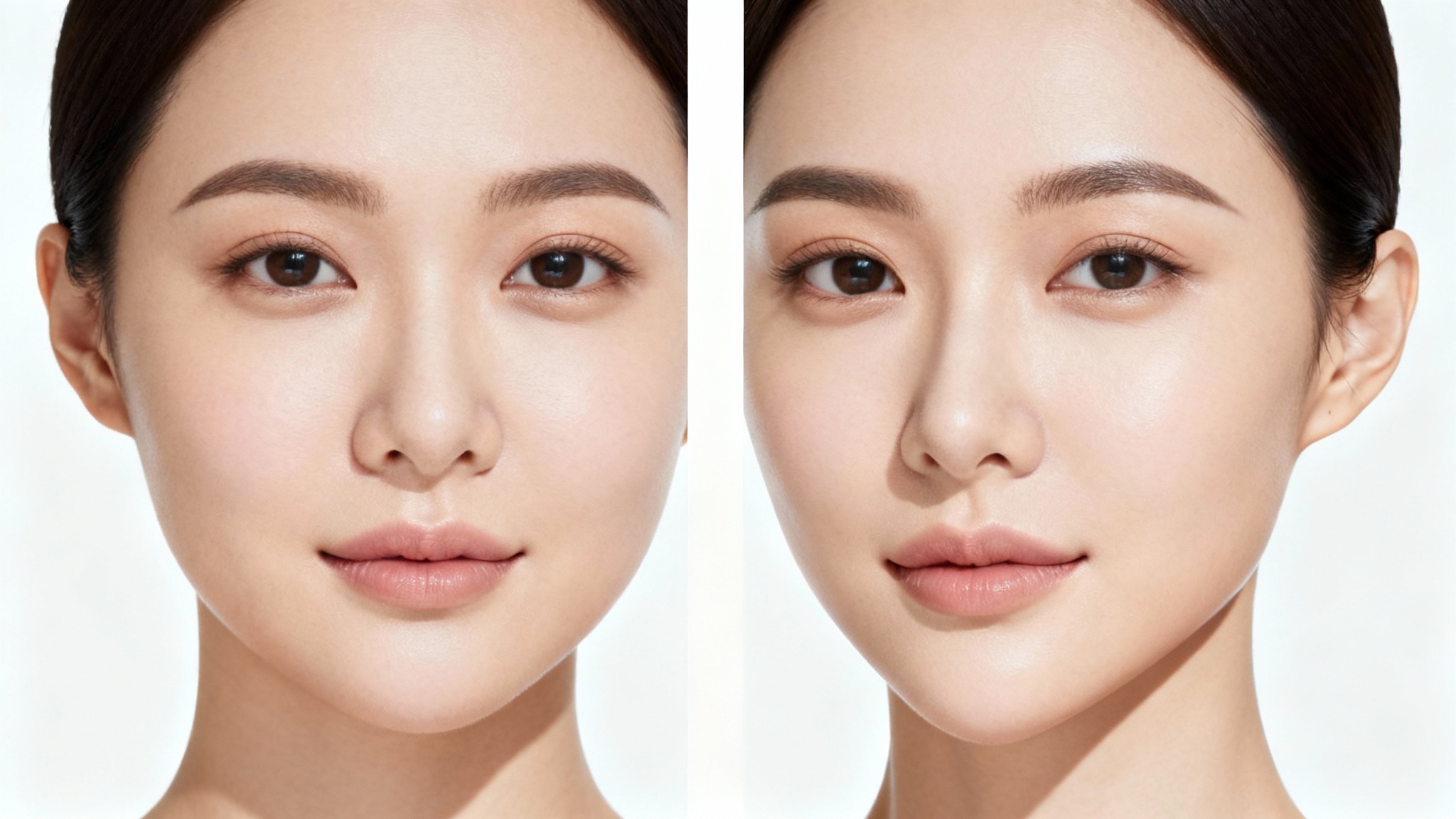 A split-screen portrait of a woman's face on a white background. The left side shows her natural face, and the right side shows her face digitally reshaped with a more defined jawline and sculpted cheekbones, demonstrating a face shape change.