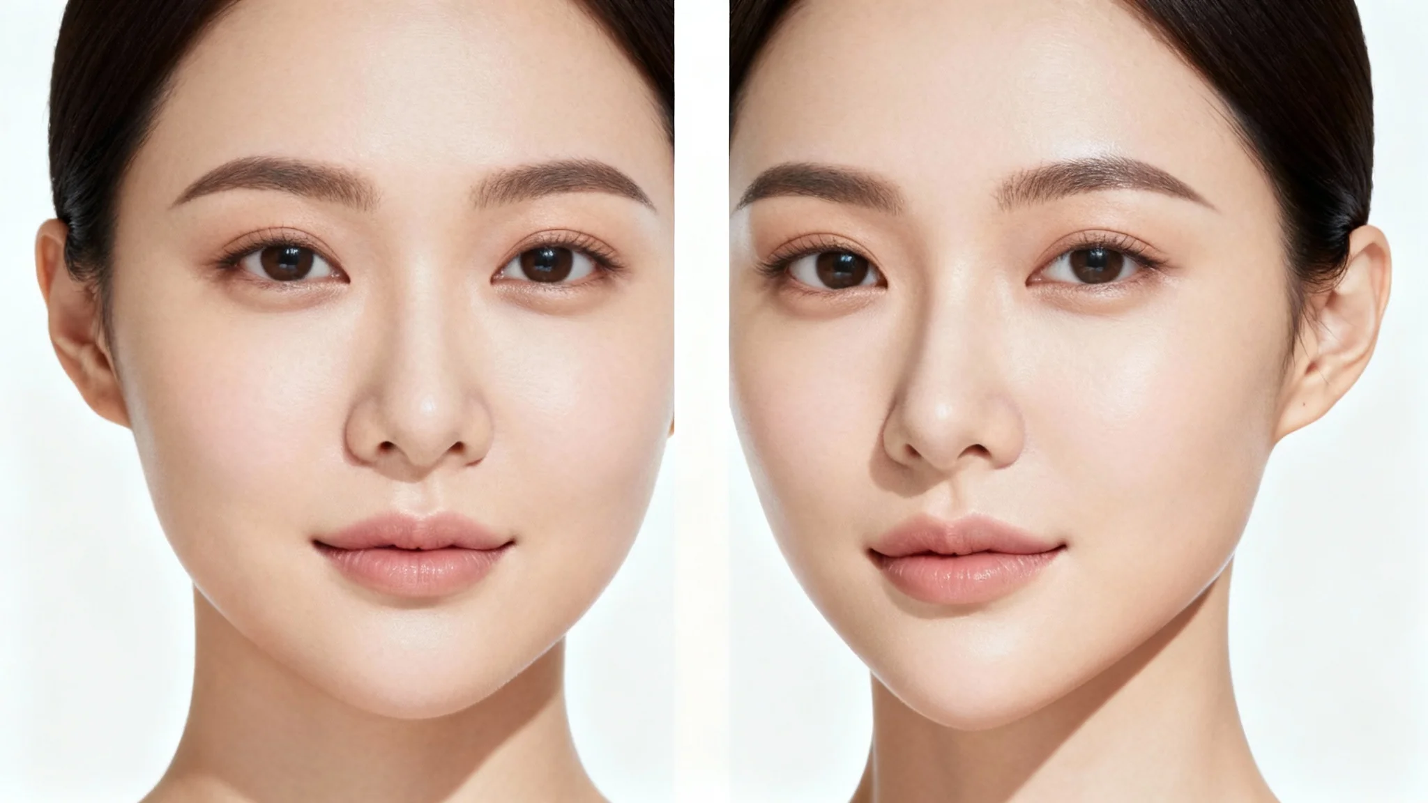 A split-screen portrait of a woman's face on a white background. The left side shows her natural face, and the right side shows her face digitally reshaped with a more defined jawline and sculpted cheekbones, demonstrating a face shape change.