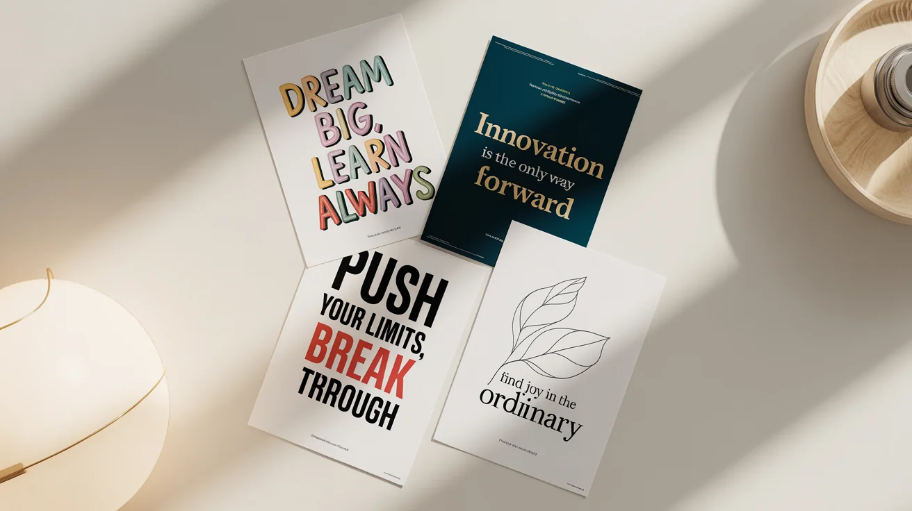 A flat lay mockup of four inspirational posters with different designs for various settings like classrooms and gyms. The posters feature quotes like 'DREAM BIG, LEARN ALWAYS' and 'PUSH YOUR LIMITS, BREAK THROUGH'.