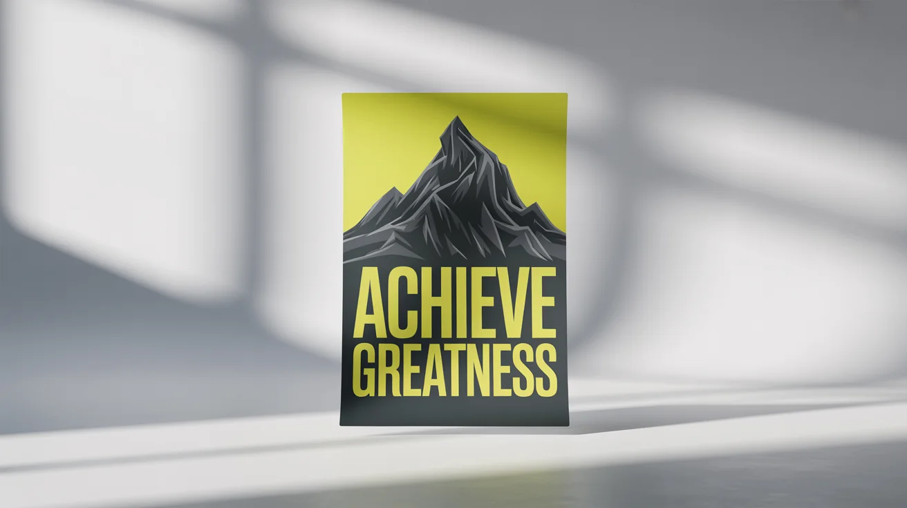 A mockup of a modern inspirational poster for a gym with a stylized mountain peak graphic and the text 'ACHIEVE GREATNESS', set against a clean white background.