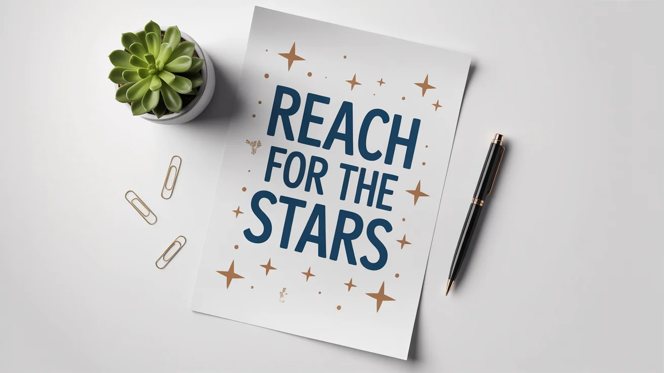A modern inspirational poster with the text 'REACH FOR THE STARS' in navy blue, laid flat on a white surface, styled with a small succulent and a pen.