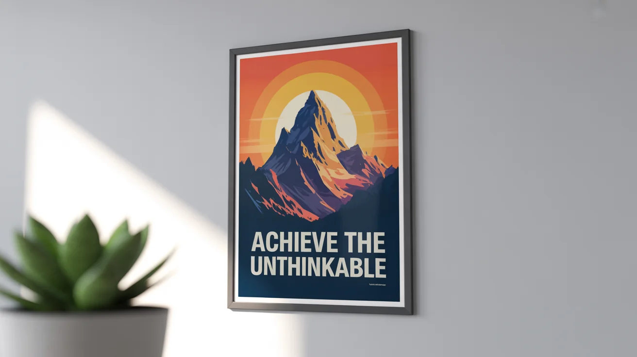 A framed inspirational poster hanging on a wall in a modern office. The poster features a mountain graphic and the words "ACHIEVE THE UNTHINKABLE".