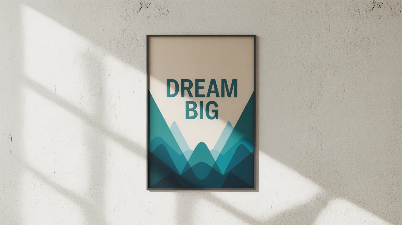 A mockup of a modern inspirational poster in a thin black frame against a white wall. The poster has a minimalist design with the text 'DREAM BIG' and an abstract mountain graphic.