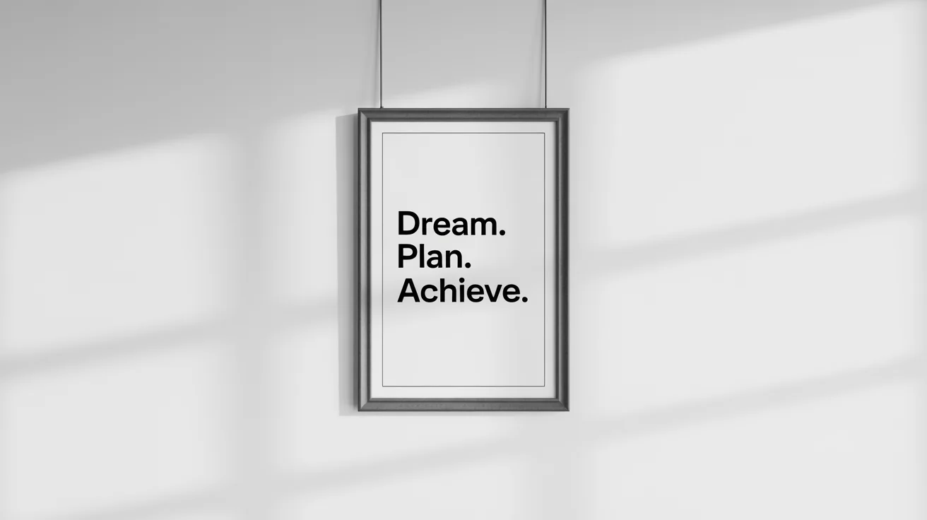 A minimalist mockup of a framed inspirational poster with the text 'DREAM. PLAN. ACHIEVE.' hanging on a wall, presented on a clean white background.