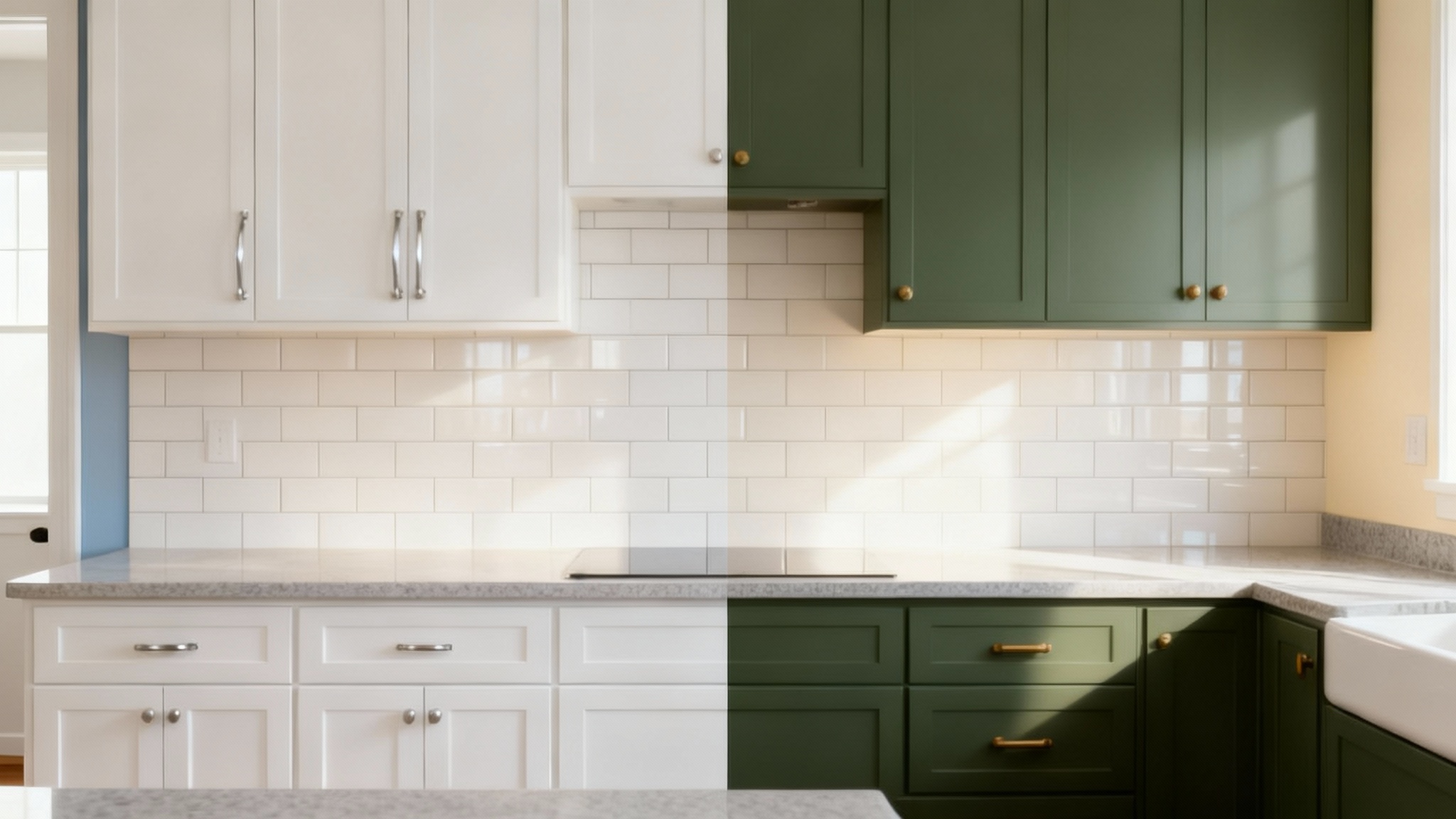 A before-and-after split-screen image of a modern kitchen. The left side shows the kitchen with white cabinets, and the right side shows the same kitchen transformed with stylish sage green cabinets, demonstrating the result of a virtual painter tool.