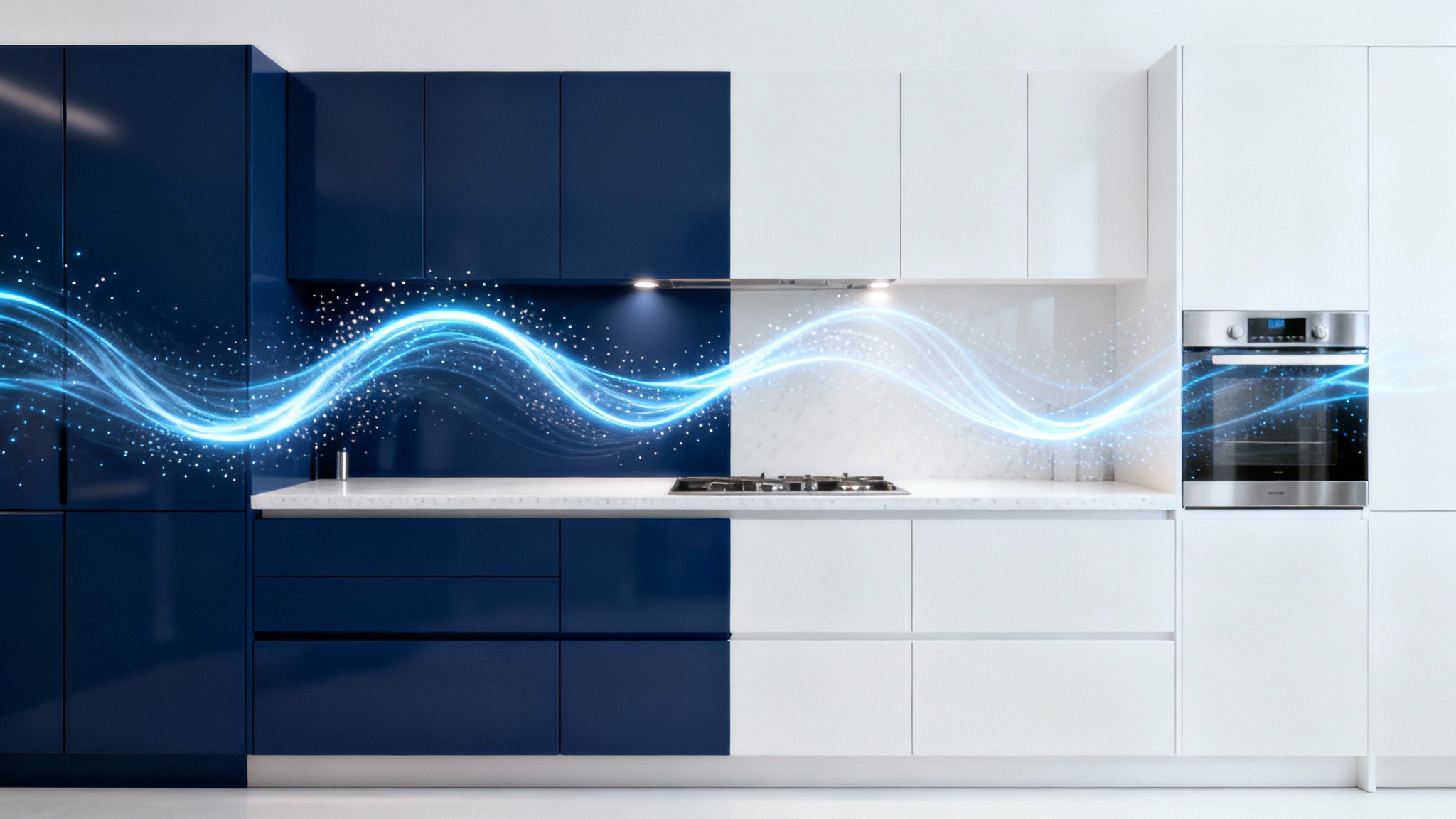A photorealistic mockup of a modern kitchen with white cabinets being magically transformed to navy blue by a digital wave, illustrating a virtual kitchen painter tool.
