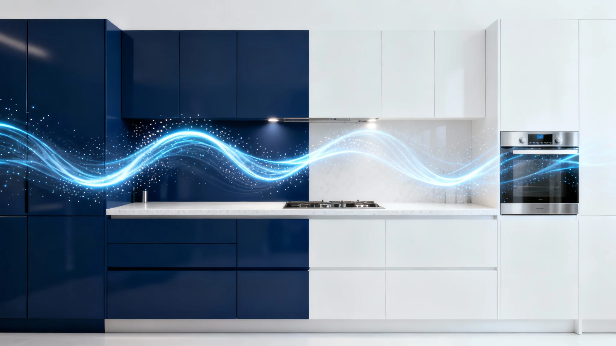 A photorealistic mockup of a modern kitchen with white cabinets being magically transformed to navy blue by a digital wave, illustrating a virtual kitchen painter tool.