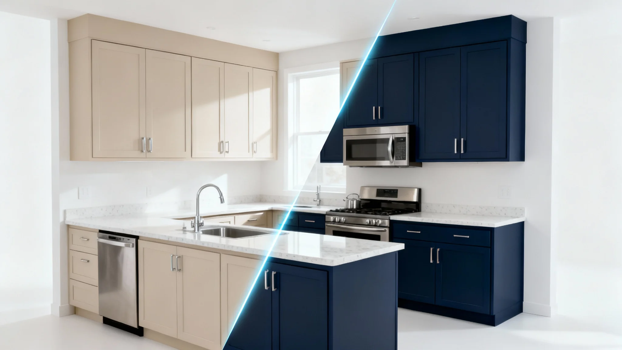 A modern kitchen showcasing a virtual paint effect, with the cabinets split diagonally between a neutral beige color and a stylish dark navy blue.