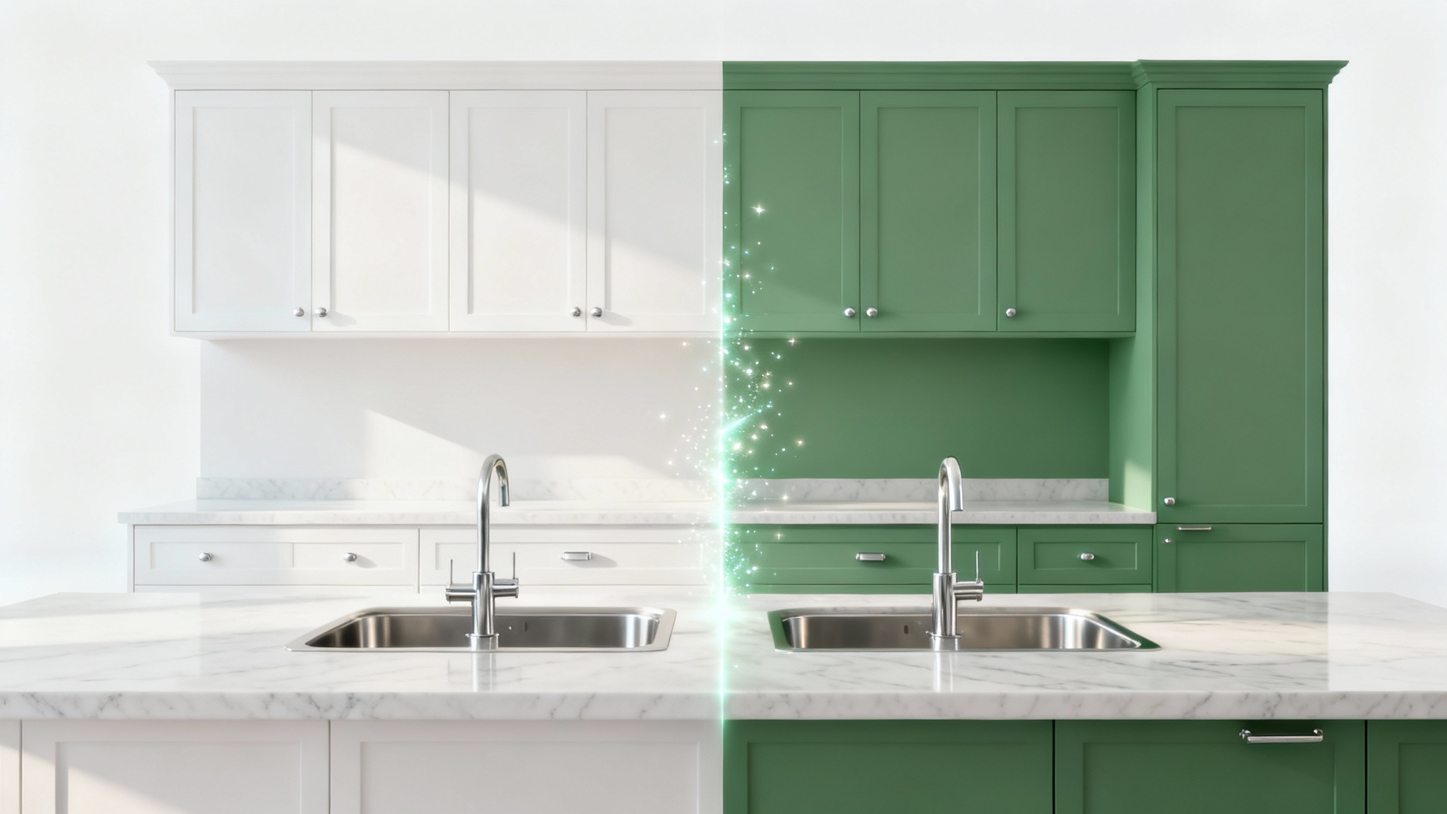 A split-screen image of a modern kitchen demonstrating a virtual painter. The left side shows the kitchen with white cabinets, and the right side shows the same kitchen with sage green cabinets.