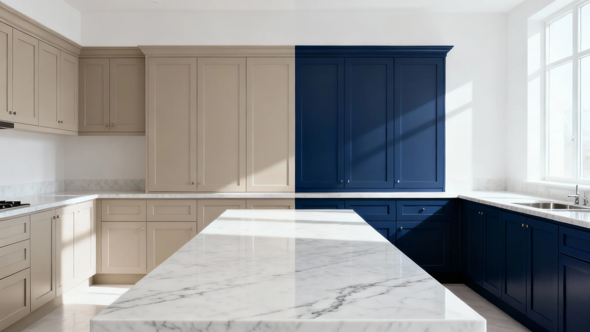 A photorealistic image of a modern kitchen split in two, with the left side featuring beige cabinets and the right side featuring identical cabinets in navy blue, demonstrating a virtual kitchen painting tool.