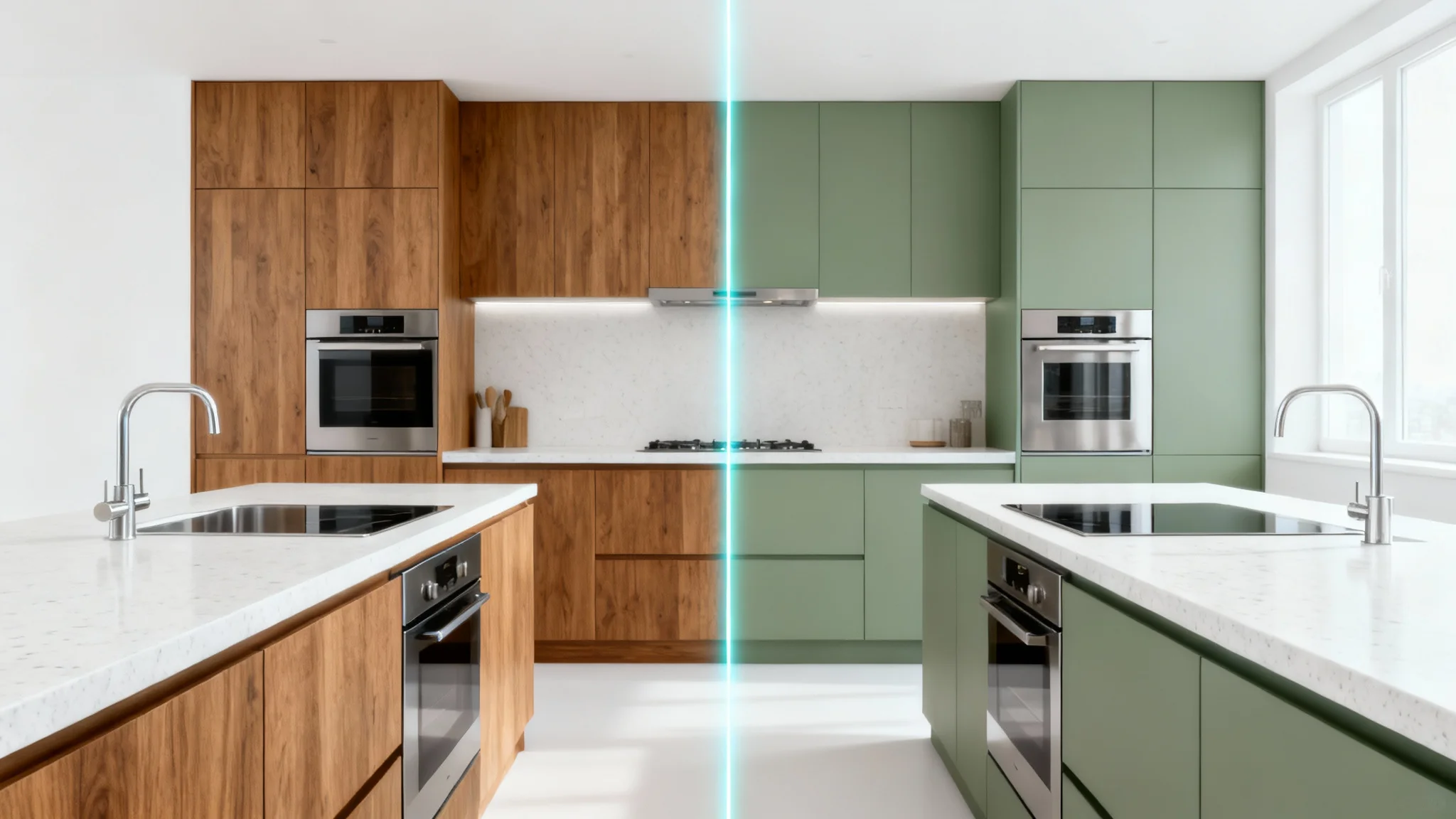 A photorealistic mockup showing a before and after of a kitchen being virtually painted. The left side has oak cabinets, and the right side shows the same cabinets repainted in sage green, all against a clean white background.