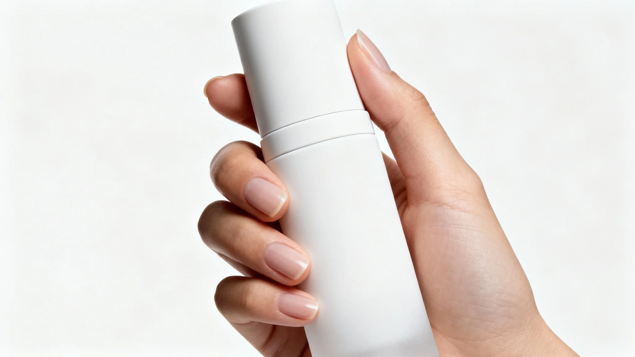 A close-up studio photograph showing a manicured hand holding a sleek, white cosmetic bottle against a pure white background, illustrating a professional product-in-hand photo.