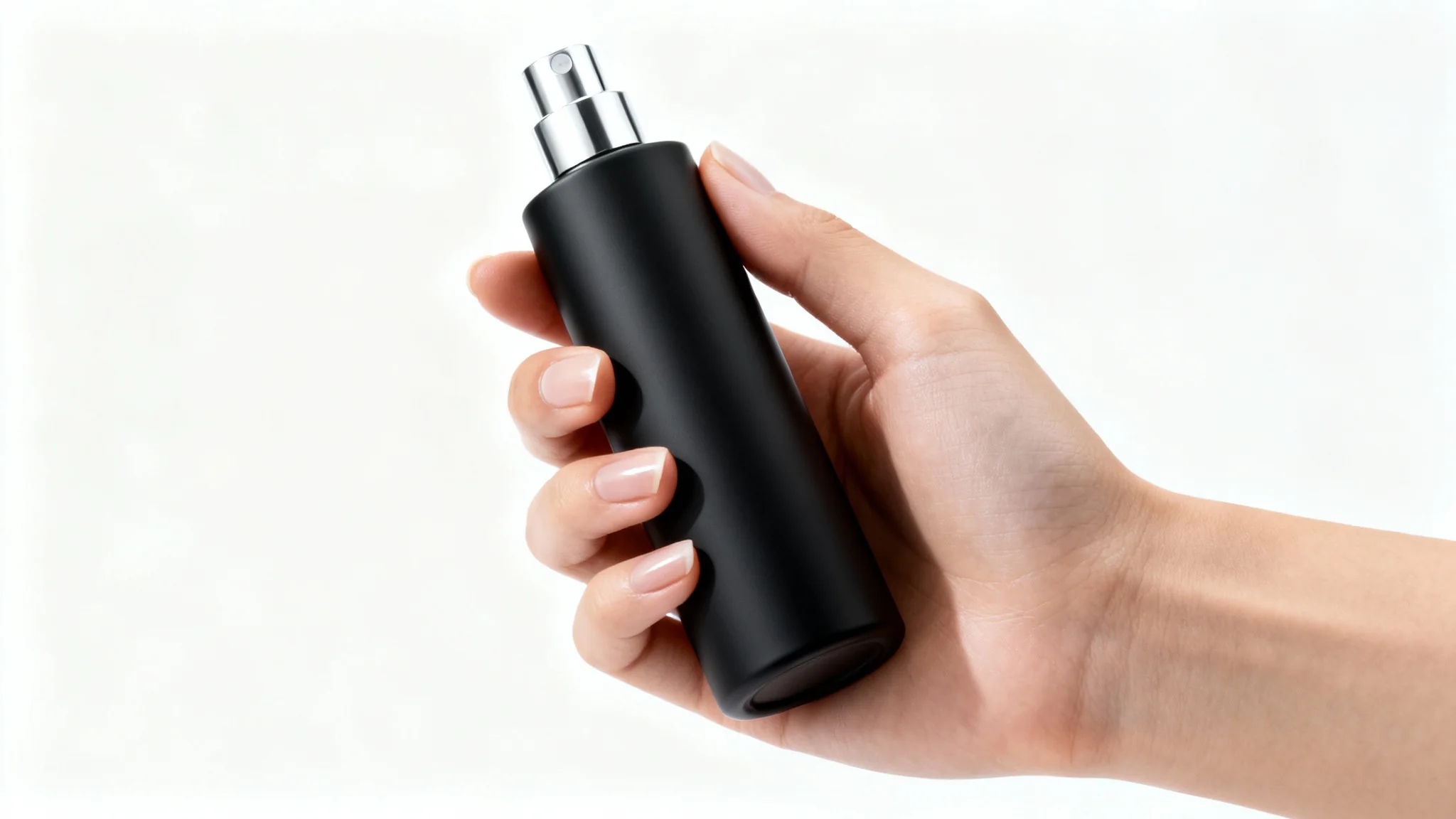 A close-up, professional photograph of a person's hand holding a sleek matte black product against a solid white background.