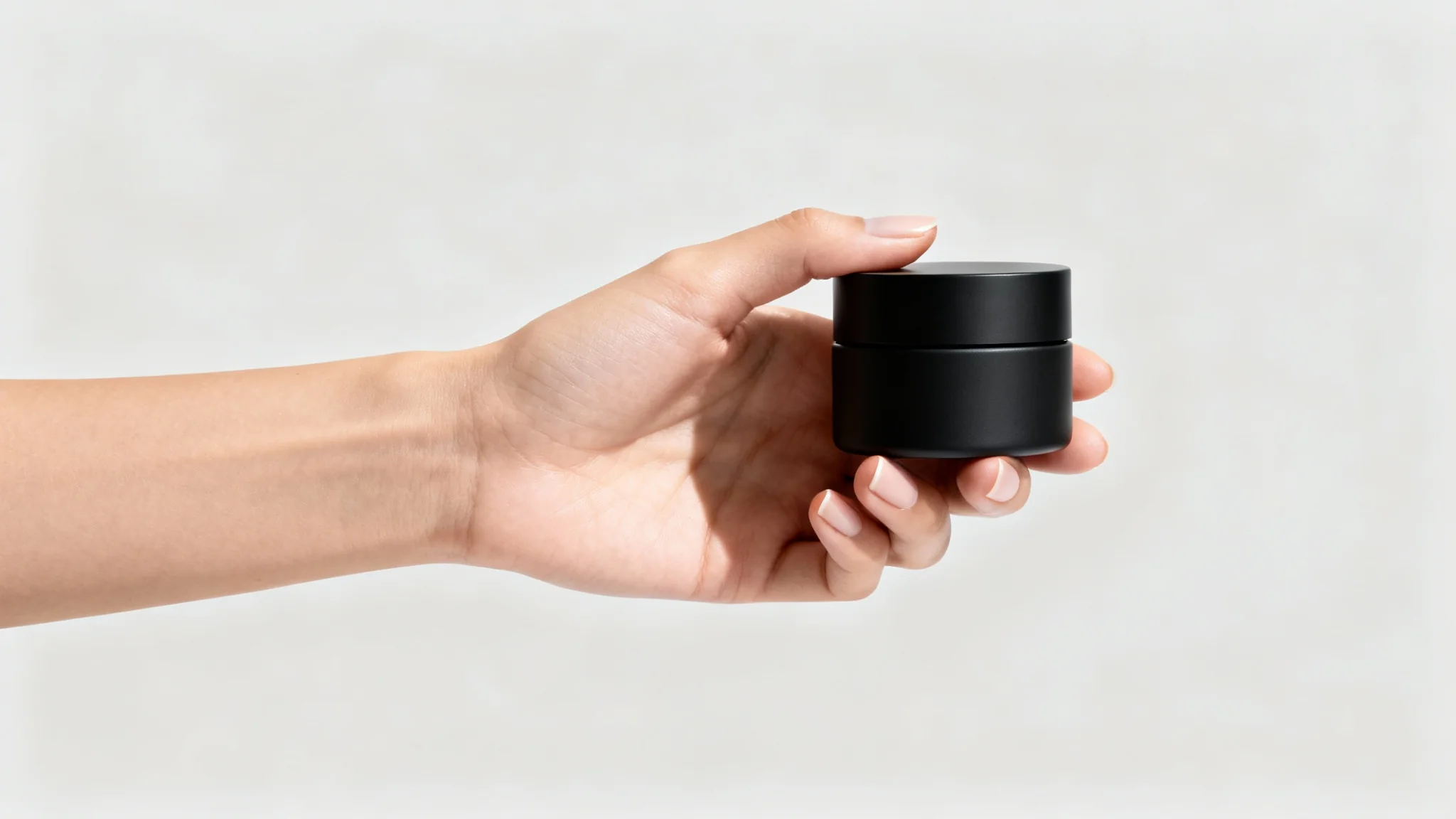 A close-up photograph of a person's manicured hand holding a sleek, matte black product against a plain light gray background, conveying a sense of quality and elegance.