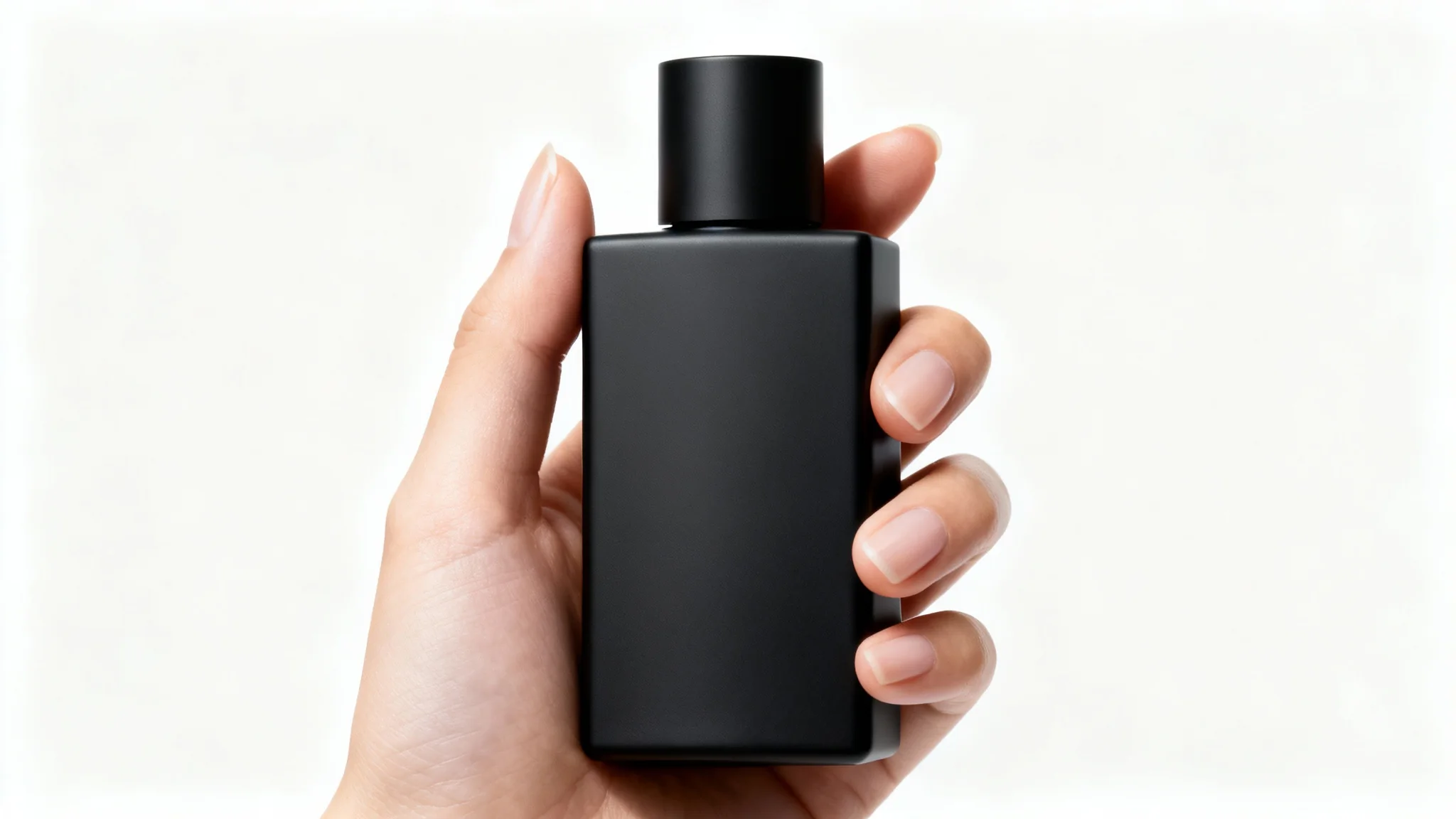 A close-up photo of a hand holding a modern, matte black product against a clean white background, illustrating a product-in-hand shot.