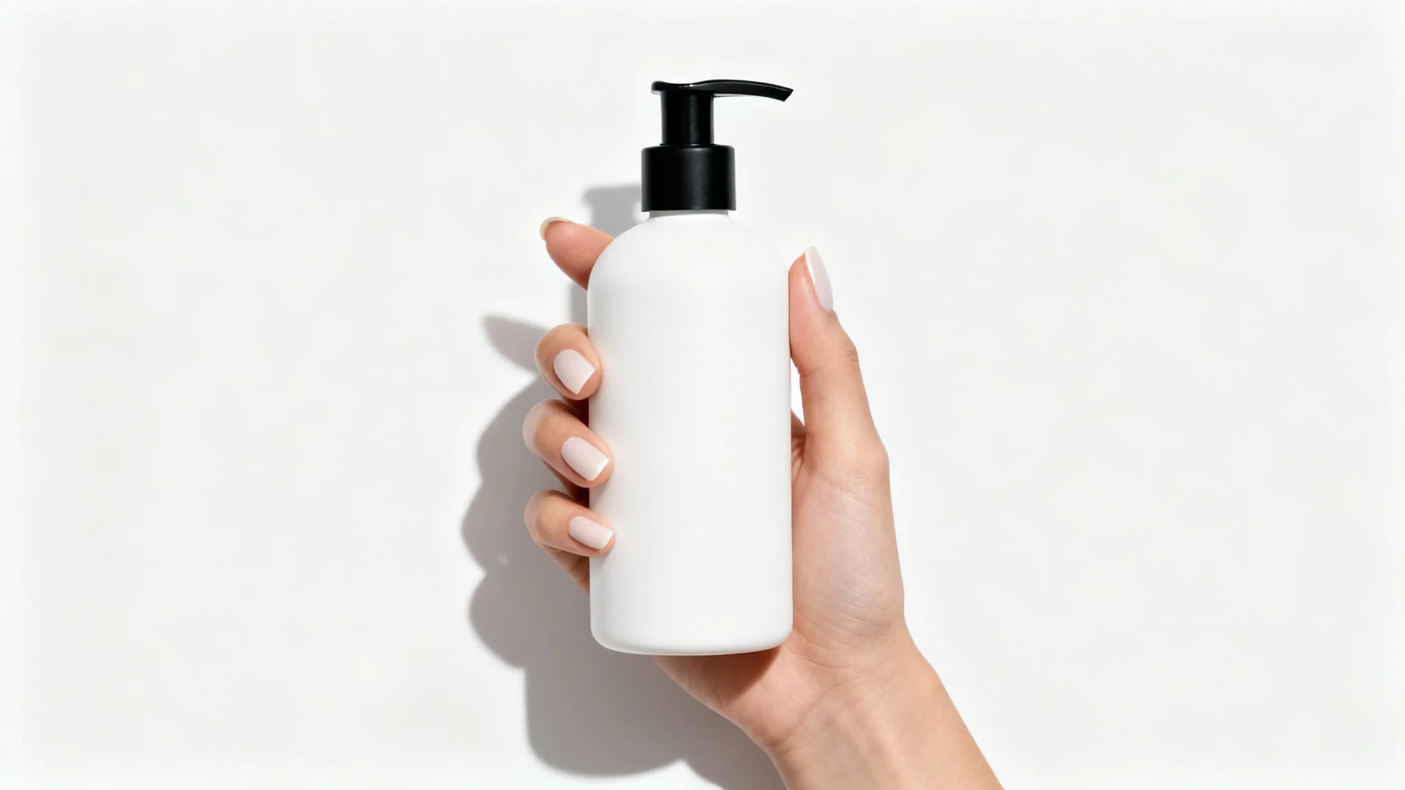 A photorealistic mockup of a hand holding a sleek, white bottle of lotion with a black pump against a solid white background, illustrating a product in hand.