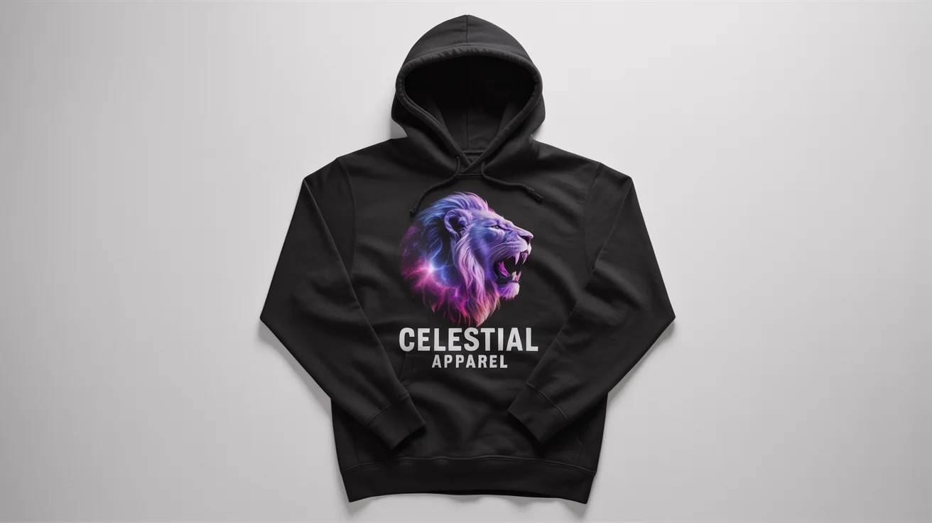 A professional product photo of a black hoodie laid flat on a white background, featuring a vibrant, geometric lion head graphic and the text 'CELESTIAL APPAREL'.