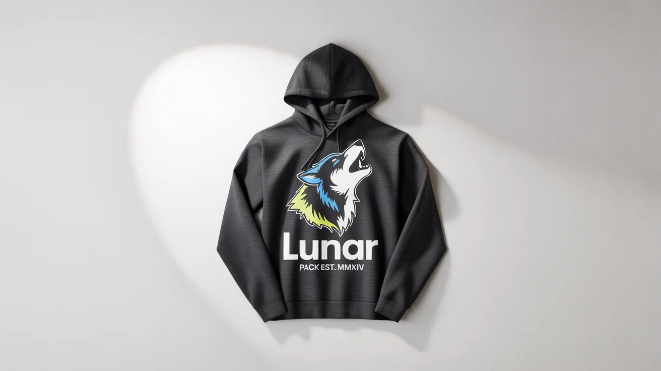 A professional mockup of a dark grey hoodie on a white background, featuring a custom, high-resolution graphic of a stylized wolf and the brand name 'LUNAR PACK'.