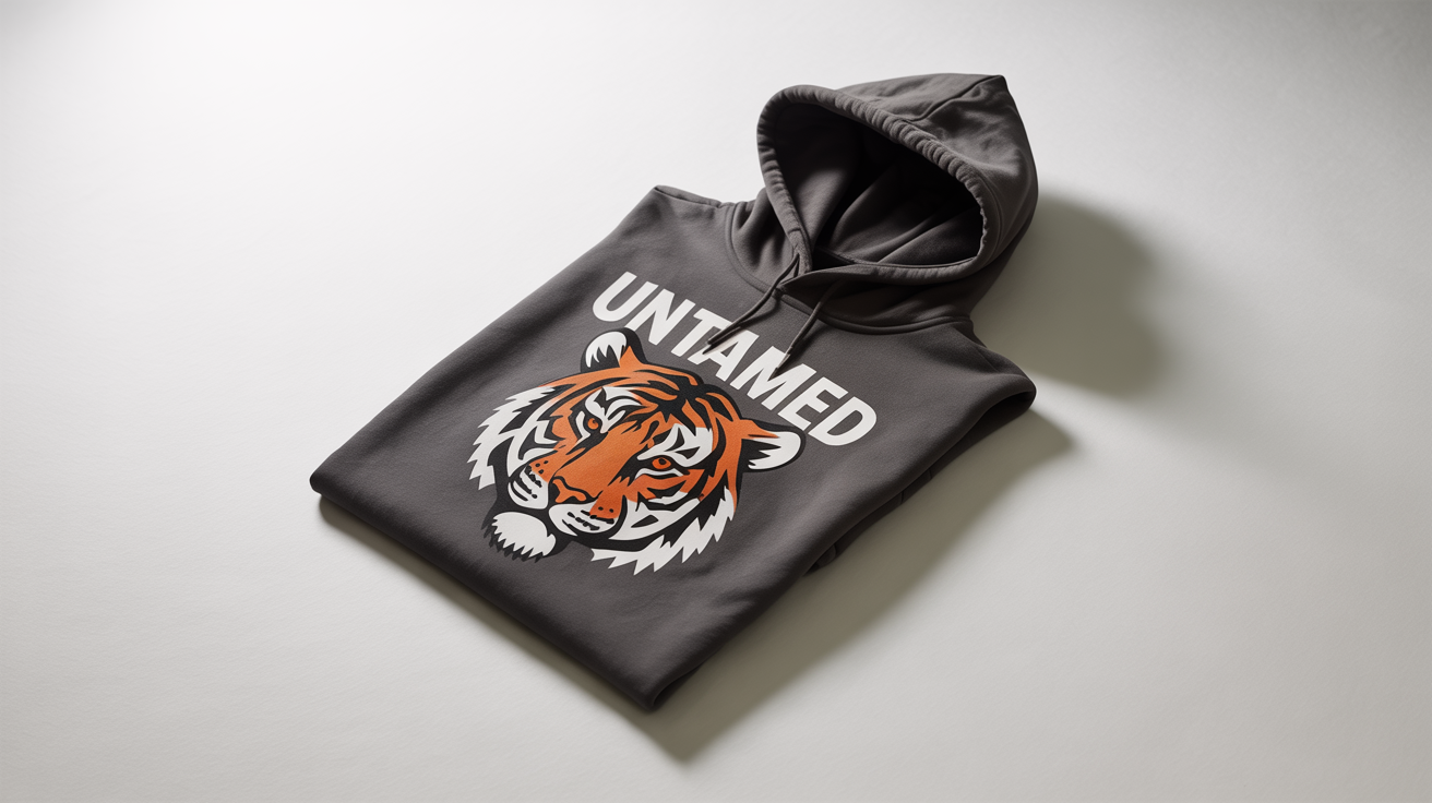 A charcoal gray hoodie laid flat on a white background, with a custom graphic of a geometric roaring tiger and the word 'UNTAMED' printed on the front.