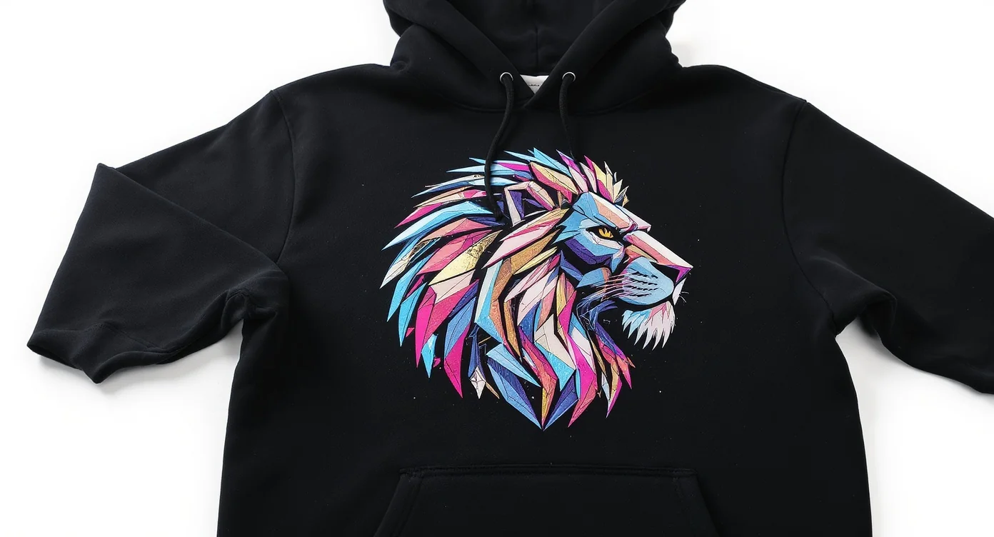 A high-quality product mockup of a black hoodie laid flat on a white background, featuring a vibrant, custom-printed geometric lion graphic on the chest.