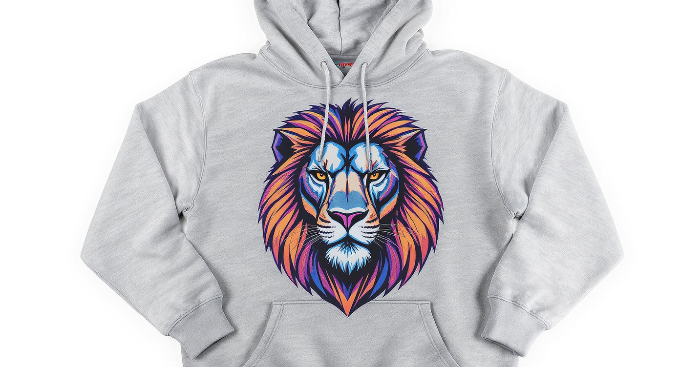 A heather grey hoodie laid flat on a white background, featuring a vibrant, professionally printed geometric graphic of a lion's head on the chest.