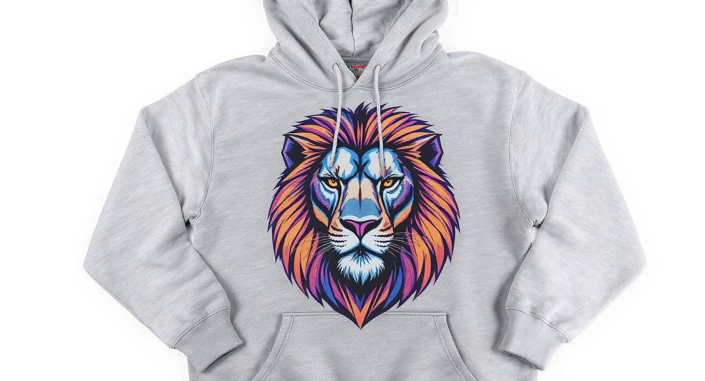 A heather grey hoodie laid flat on a white background, featuring a vibrant, professionally printed geometric graphic of a lion's head on the chest.