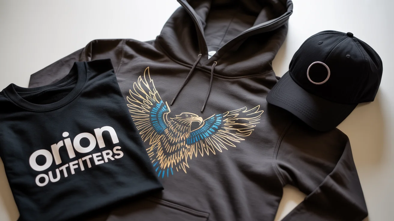 A flat lay of custom apparel on a white background, featuring a grey hoodie with a geometric eagle, a black t-shirt with the text 'ORION OUTFITTERS', and a black baseball cap.