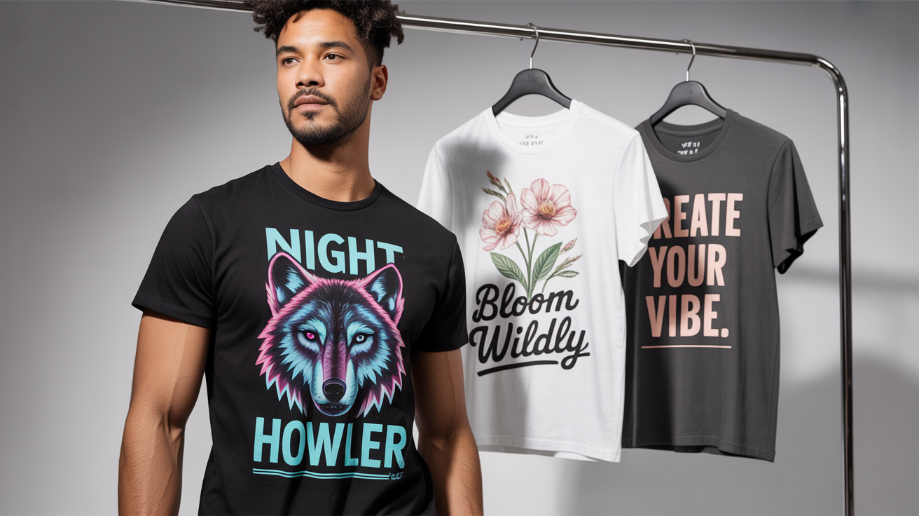 A cool model wearing a professionally designed black t-shirt with a neon wolf graphic, with two other custom-designed t-shirts (one floral, one typographic) hanging in the background, showcasing the final results of a t-shirt design tool.