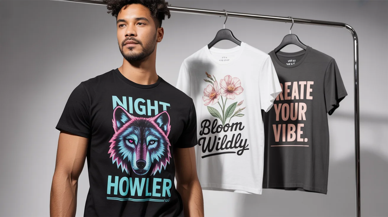 A cool model wearing a professionally designed black t-shirt with a neon wolf graphic, with two other custom-designed t-shirts (one floral, one typographic) hanging in the background, showcasing the final results of a t-shirt design tool.