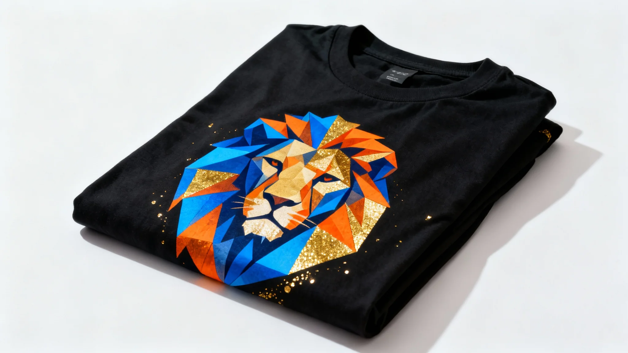 A professionally folded black t-shirt with a colorful geometric lion head design, displayed on a clean white background.