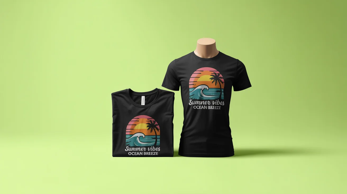 A mockup of a black t-shirt with a colorful retro sunset design and the text 'SUMMER VIBES', shown folded and on a mannequin against a white background.