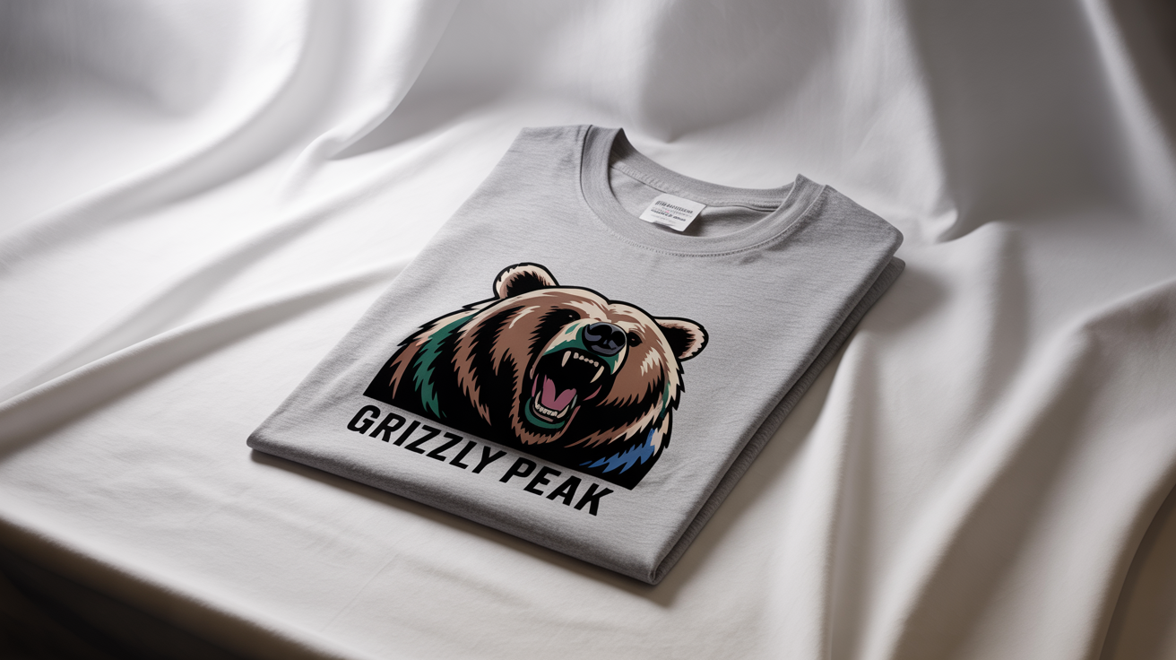 A photorealistic mockup of a folded heather grey t-shirt on a white background, featuring a graphic of a roaring grizzly bear and the text 'GRIZZLY PEAK'.