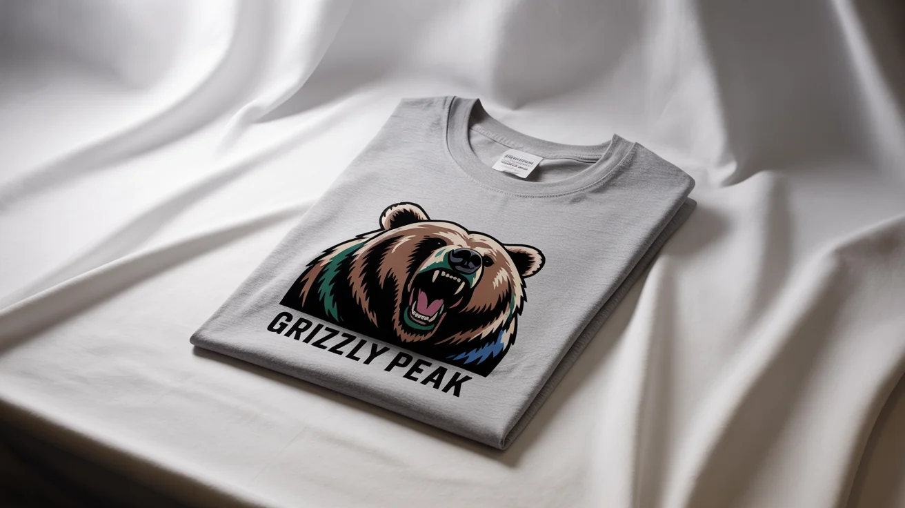 A photorealistic mockup of a folded heather grey t-shirt on a white background, featuring a graphic of a roaring grizzly bear and the text 'GRIZZLY PEAK'.