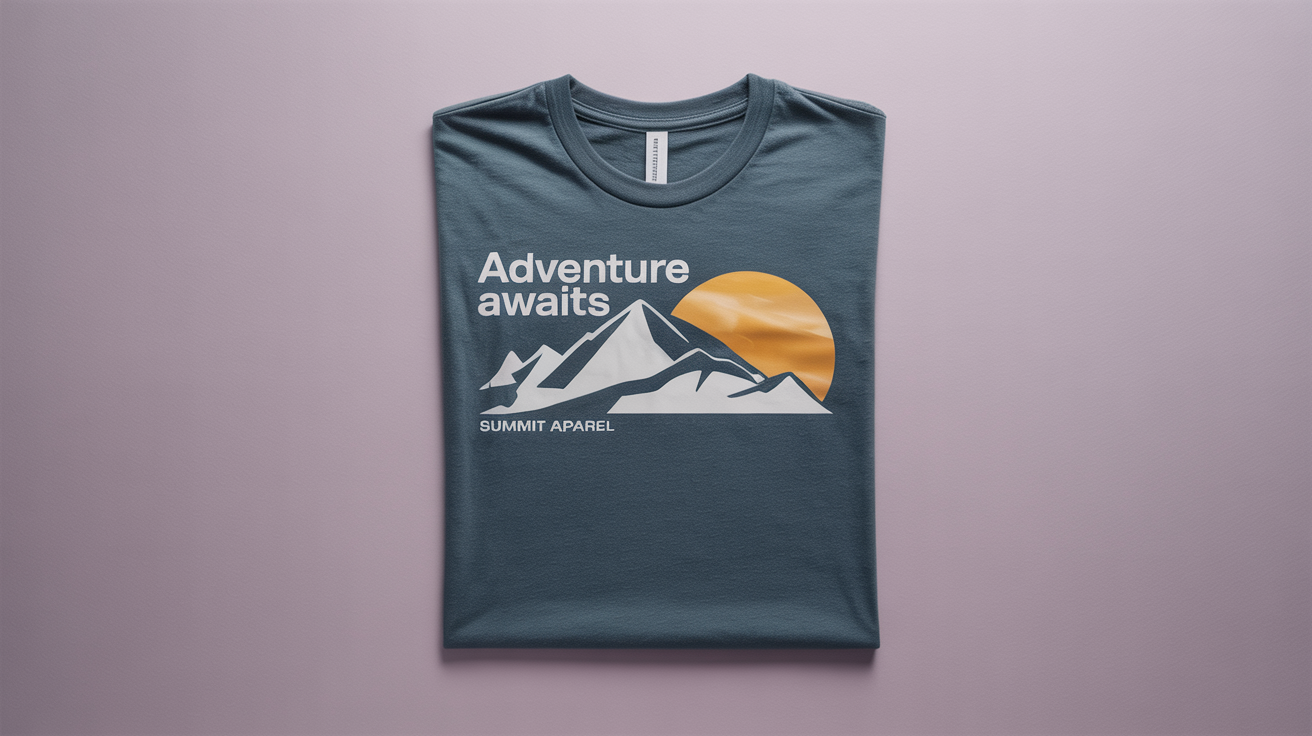 A flat lay product mockup of a folded heather grey t-shirt on a white background. It has a printed graphic of a mountain range and sun, with the text 'ADVENTURE AWAITS'.