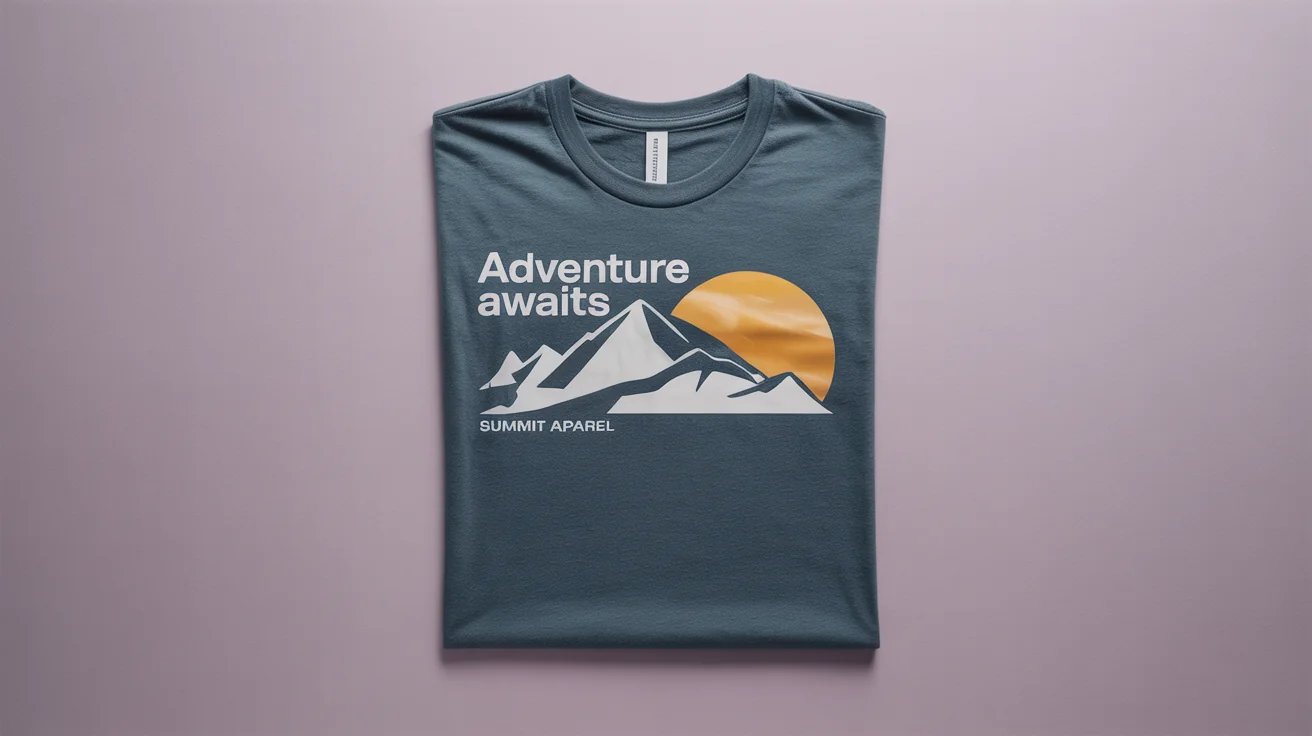 A flat lay product mockup of a folded heather grey t-shirt on a white background. It has a printed graphic of a mountain range and sun, with the text 'ADVENTURE AWAITS'.