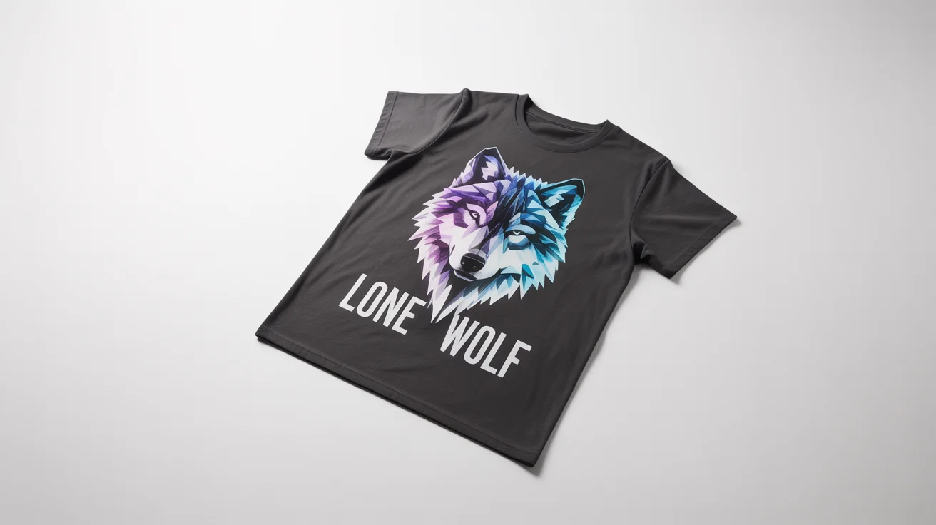 A flat lay photograph of a charcoal gray t-shirt on a white background, featuring a vibrant, geometric design of a wolf's head with the words 'LONE WOLF' printed underneath.