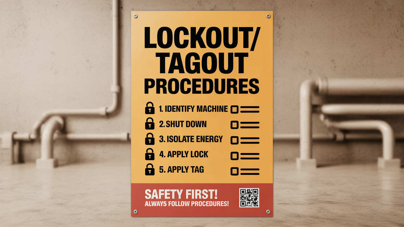 A professionally designed lockout/tagout safety poster on a yellow background, outlining the five key steps with icons and text. The poster is shown mounted on a wall.