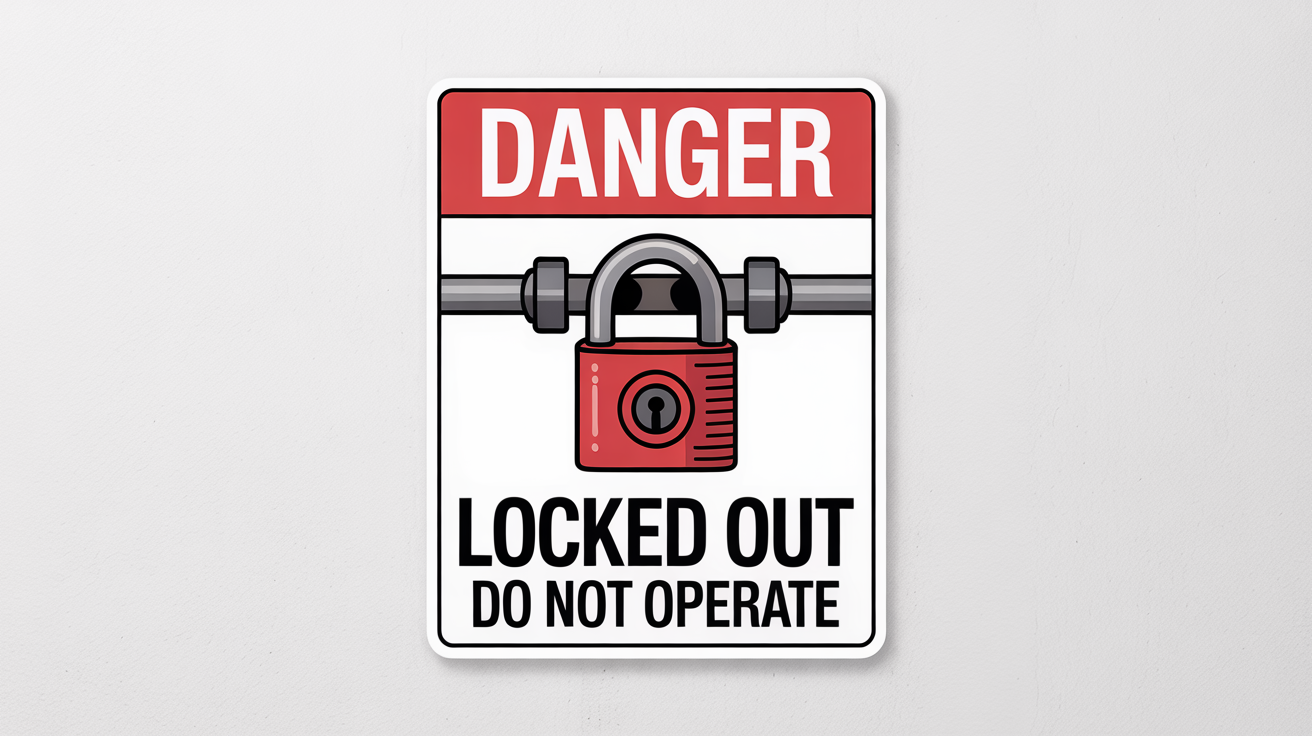 A professional lockout tagout safety poster with a red 'DANGER' header. It shows a graphic of a red padlock on a power switch and includes the text 'LOCKED OUT DO NOT OPERATE'.