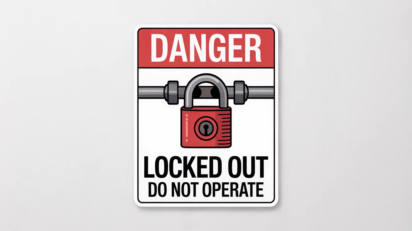 A professional lockout tagout safety poster with a red 'DANGER' header. It shows a graphic of a red padlock on a power switch and includes the text 'LOCKED OUT DO NOT OPERATE'.