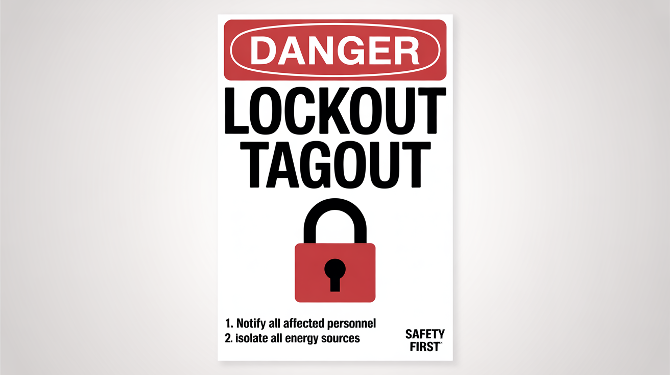 A professional lockout tagout safety poster with 'DANGER' and 'LOCKOUT TAGOUT' in bold text, featuring a graphic of a padlock on a power switch, against a plain white background.