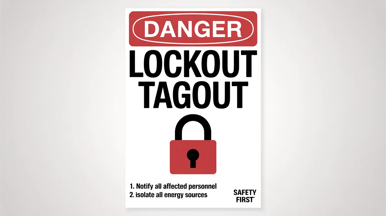A professional lockout tagout safety poster with 'DANGER' and 'LOCKOUT TAGOUT' in bold text, featuring a graphic of a padlock on a power switch, against a plain white background.