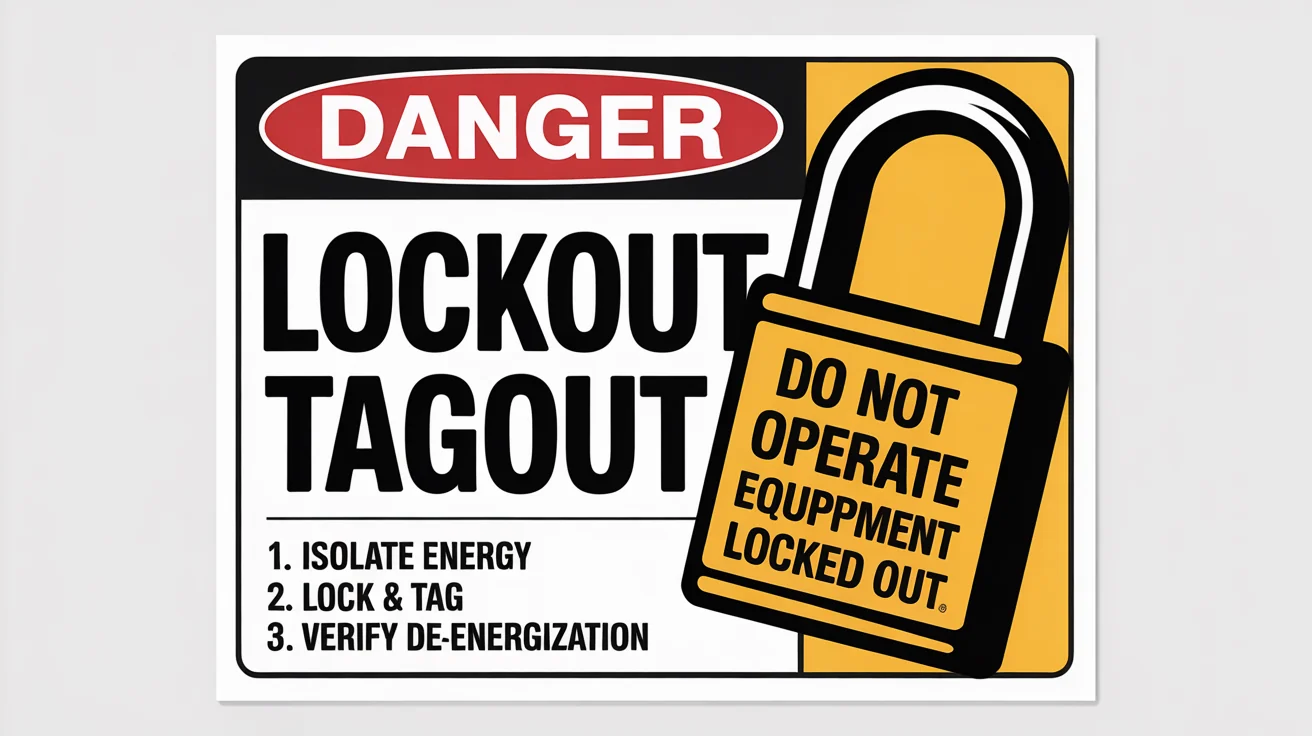 A mockup of a lockout tagout safety poster on a white background. It features the title 'DANGER LOCKOUT TAGOUT' and shows a graphic of a padlock and tag with safety instructions.