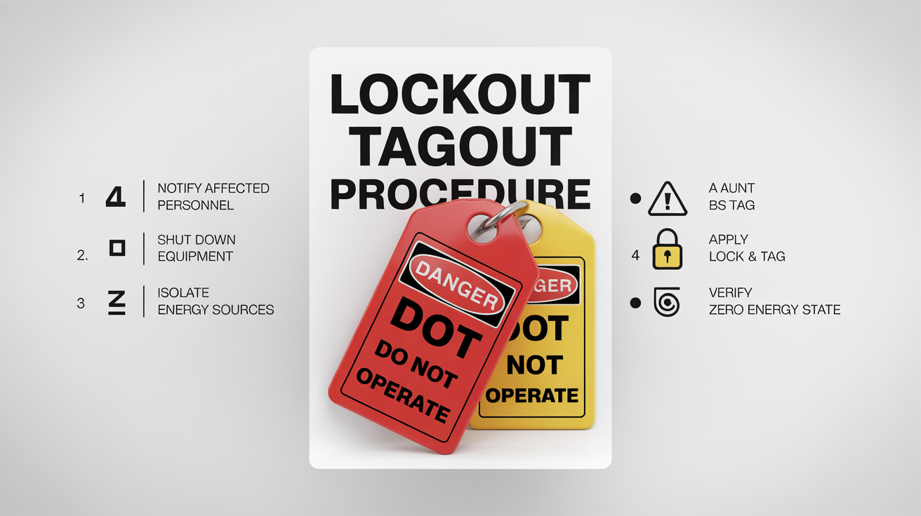 A mockup of a lockout tagout safety poster with a red, yellow, and black color scheme. It shows safety procedure steps with icons and text, including 'LOCKOUT TAGOUT PROCEDURE' and a 'DANGER: DO NOT OPERATE' tag.