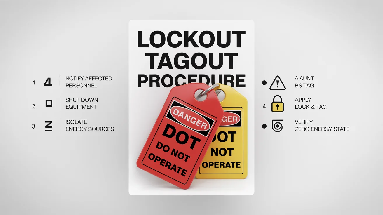 A mockup of a lockout tagout safety poster with a red, yellow, and black color scheme. It shows safety procedure steps with icons and text, including 'LOCKOUT TAGOUT PROCEDURE' and a 'DANGER: DO NOT OPERATE' tag.