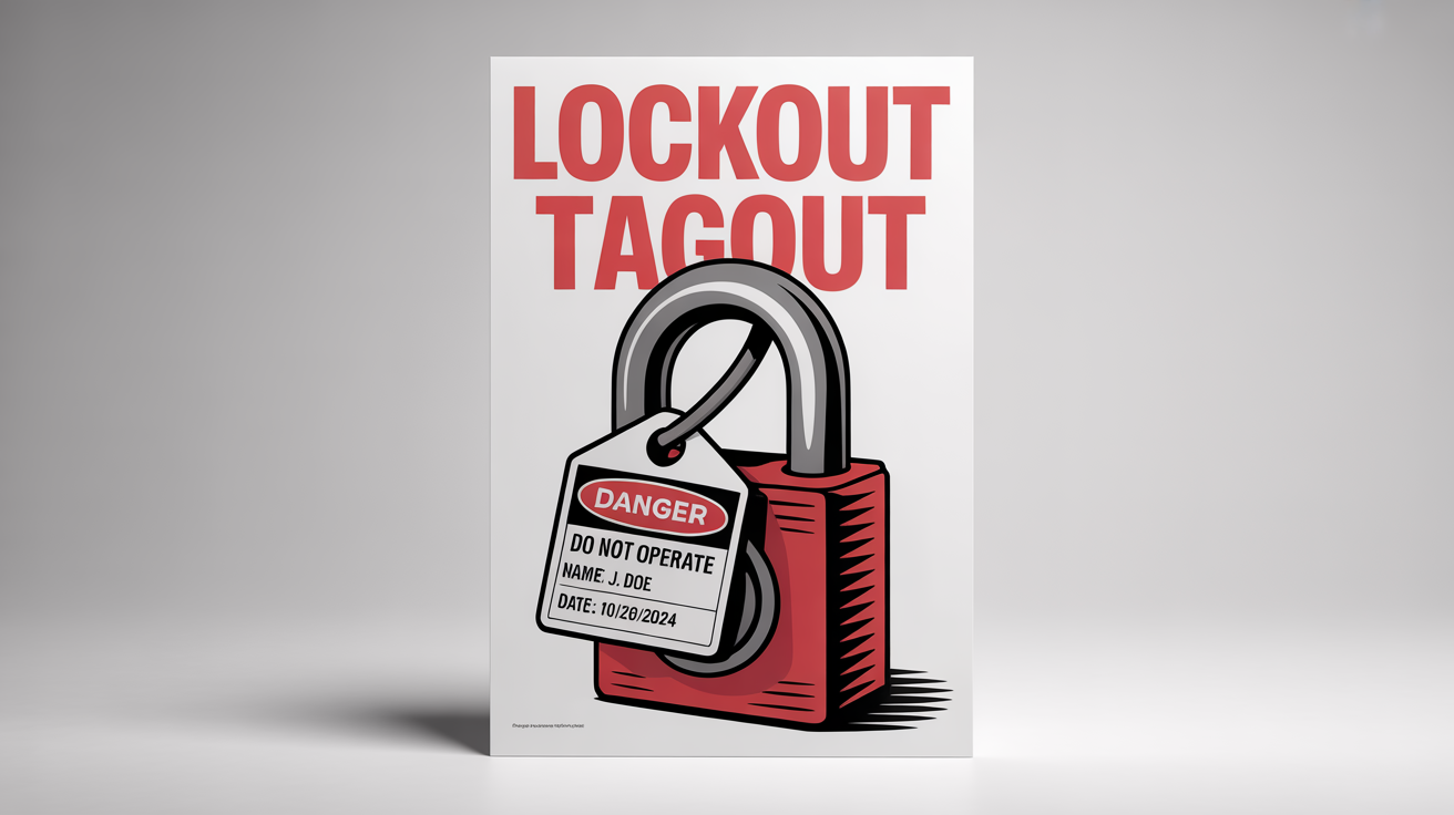 A mockup of a lockout tagout safety poster with the title 'LOCKOUT TAGOUT' and a central graphic of a red padlock and a 'DANGER' tag on an industrial switch.