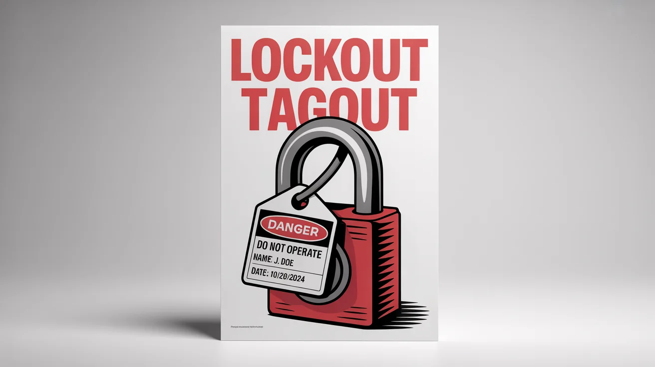 A mockup of a lockout tagout safety poster with the title 'LOCKOUT TAGOUT' and a central graphic of a red padlock and a 'DANGER' tag on an industrial switch.