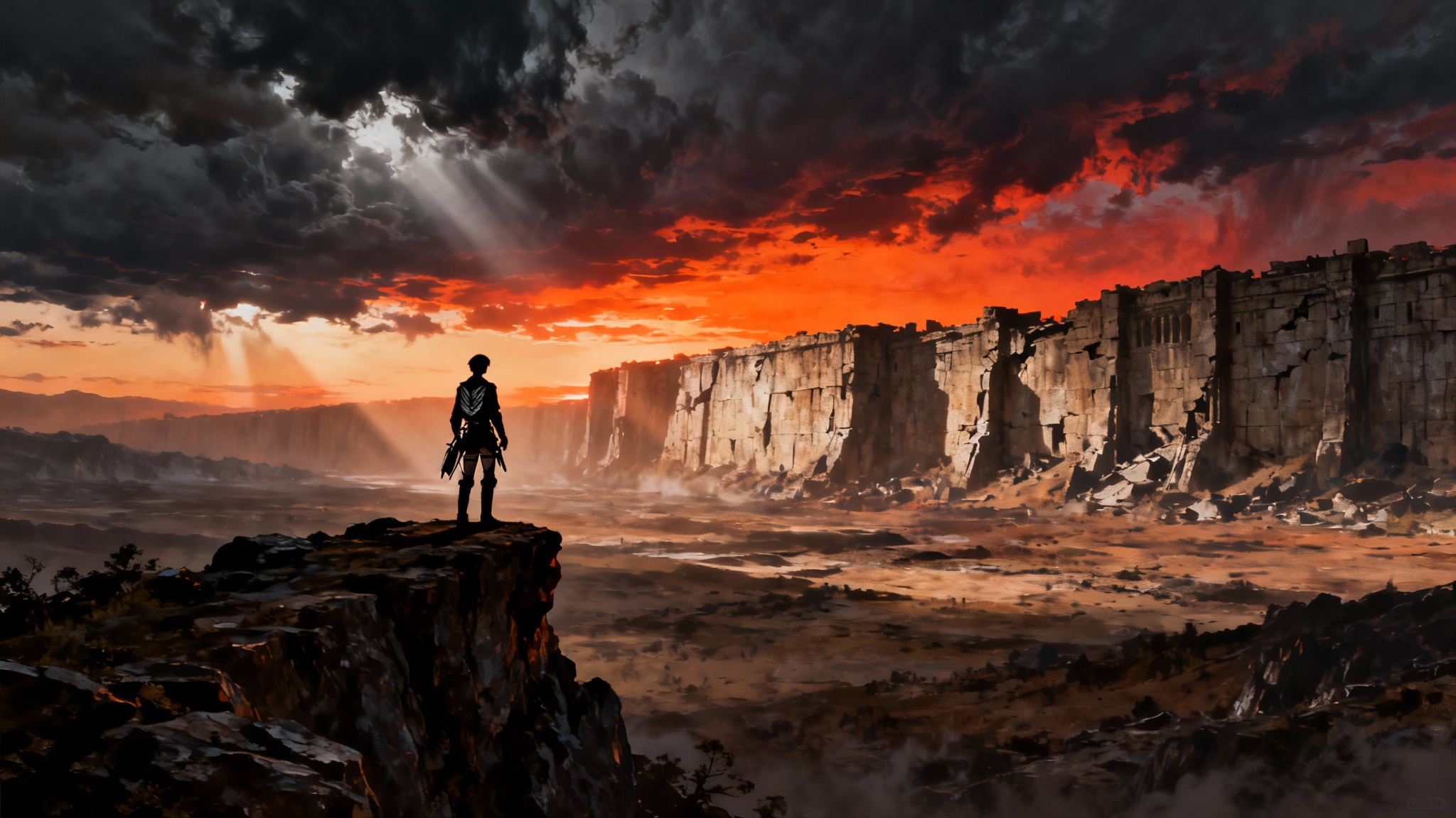 A cinematic 16:9 background image in the style of Attack on Titan, showing a Survey Corps member silhouetted on a cliff overlooking a vast valley and colossal, crumbling walls under a dramatic, stormy sunset.