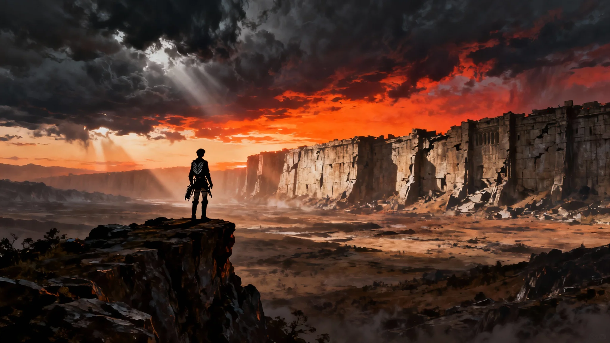 A cinematic 16:9 background image in the style of Attack on Titan, showing a Survey Corps member silhouetted on a cliff overlooking a vast valley and colossal, crumbling walls under a dramatic, stormy sunset.