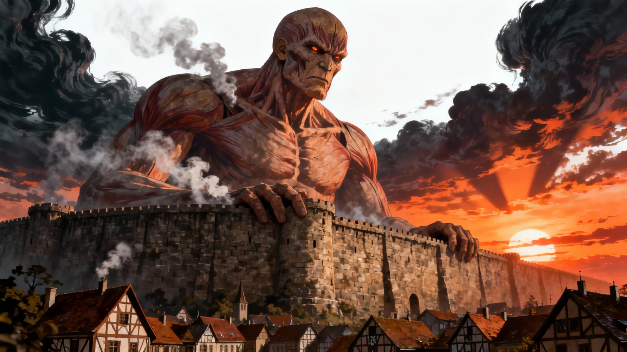 An epic anime illustration in the style of Attack on Titan, showing the colossal, skinless Titan peering over a massive wall at a town below, set against a dramatic sunset.