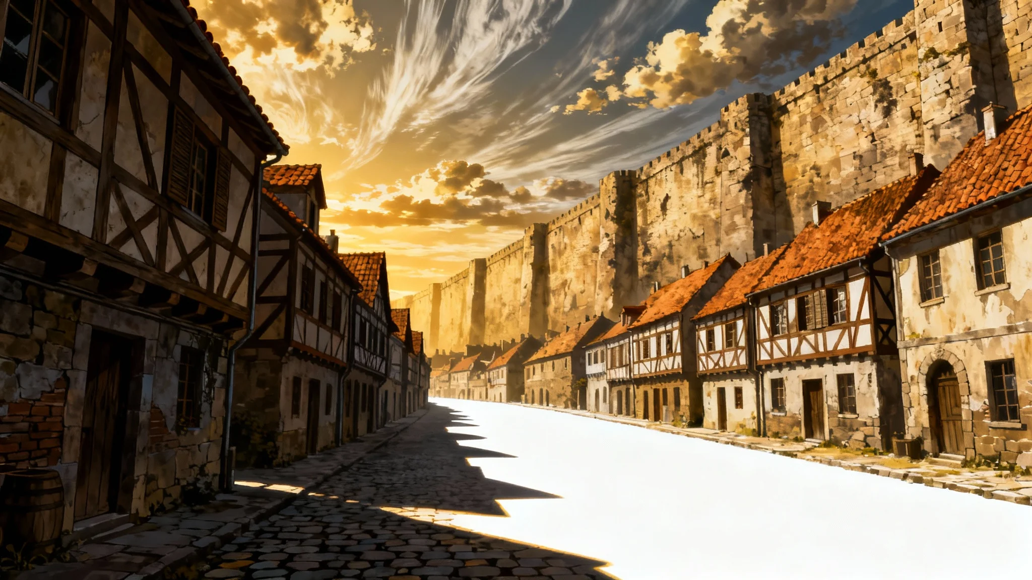 An anime-style background depicting a city street from Attack on Titan, with half-timbered houses and a colossal stone wall towering in the background under a dramatic sky.